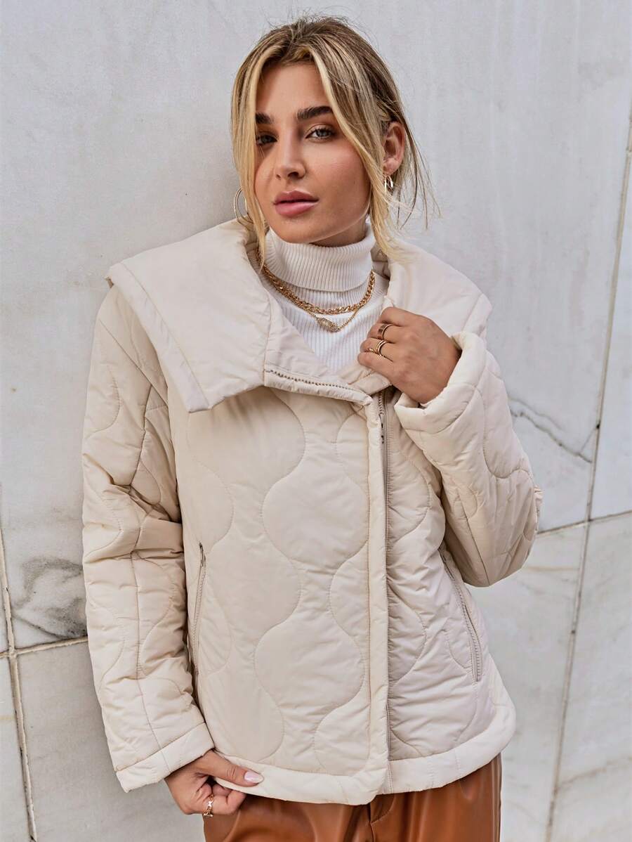 SHEIN Essnce 拉鍊絎縫外套 - 米色 - 查看 1