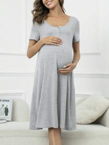 Maternity Button Front Lounge Dress - Light Grey - View 4