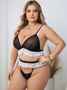Plus Contrast Lace Mesh Lingerie Set - Black and White - View 4