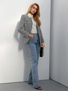 BizChic Plaid Pattern Open Front Tweed Overcoat