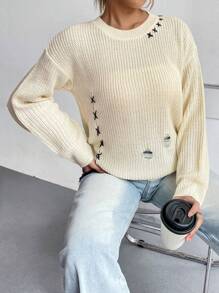 SHEIN Unity Drop Shoulder Lace Up Side Distressed Knit Pullover Fall Winter Sweater - Beige - View 6