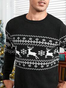 Manfinity VCAY Men Christmas Elk & Geo Pattern Sweater, For Fall Winter - Black - View 4