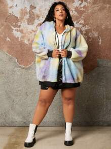 SHEIN CURVE+ Plus Tie Dye Drop Shoulder Drawstring Teddy Hoodie - Multicolor - View 6