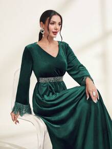 Modelyn Viền rìa Tay áo loe Nhung Đầm - Màu xanh lá cây đậm - Xem 7