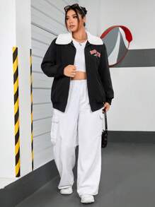 SHEIN EZwear Plus Letter Graphic Borg Collar Zip Up Drop Shoulder Jacket - Black - View 4