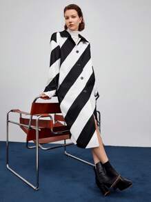 Maija Two Tone Button Front Overcoat - Black and White - View 4