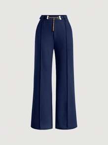 SHEIN MOD Solid Belted Wide Leg Suit Pants In Fall/Winter - Navy Blue - View 1