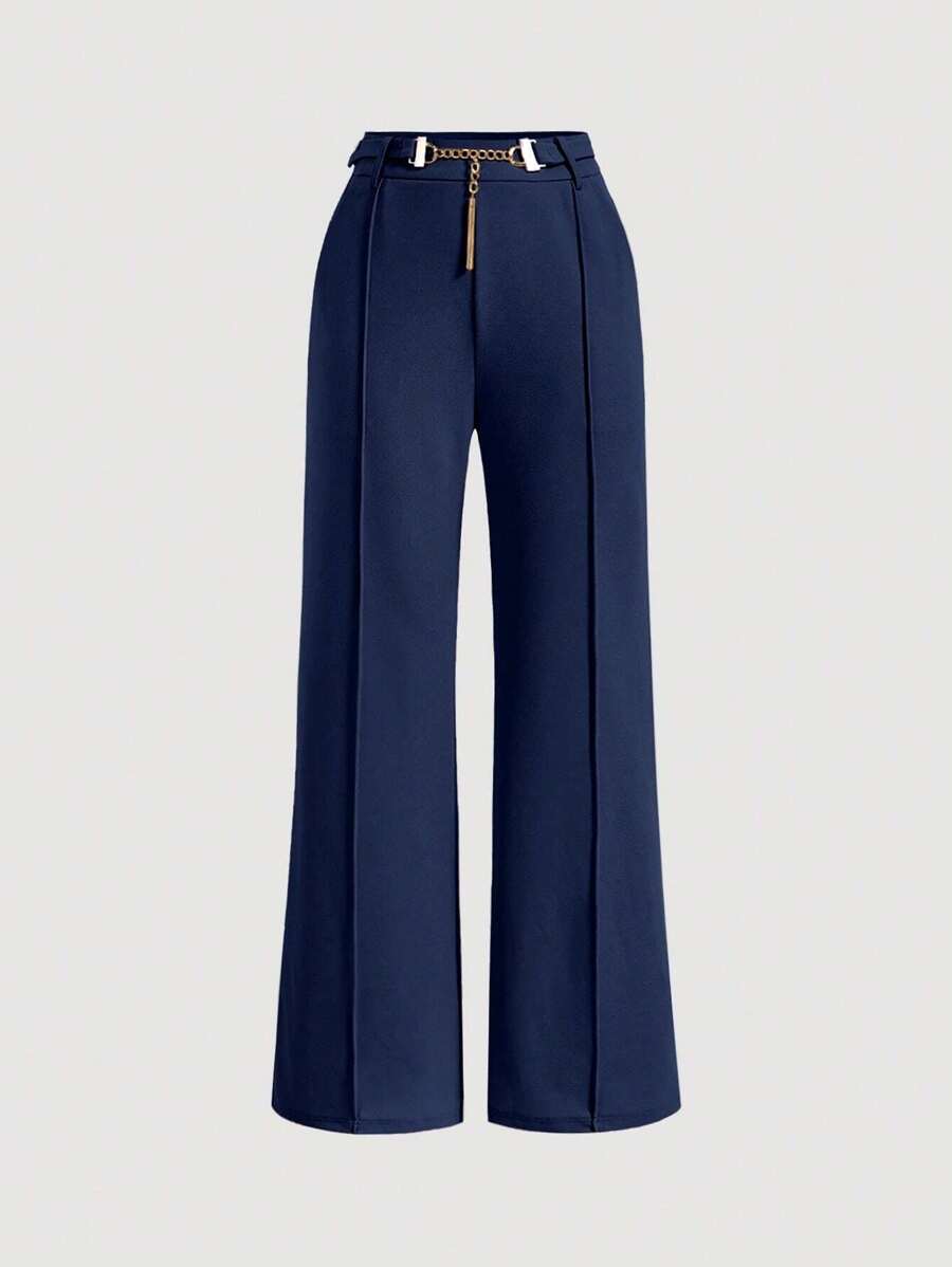 SHEIN MOD Solid Belted Wide Leg Suit Pants In Fall/Winter - Navy Blue - View 1