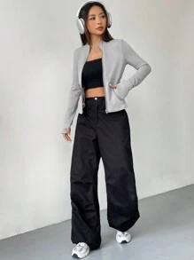 SHEIN EZwear Zip Up Thumbholes Jacket In Fall/Winter - Light Grey - View 5