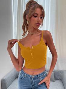 SHEIN LUNE Half Button Crop Cami Top - Yellow - View 6