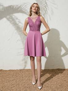 Anewsta Contrast Lace Mesh Insert Dress, Semi Formal Dress - Pink - View 6