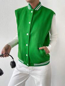 SHEIN Unity Striped Trim Button Front Vest Jacket - Green - View 4