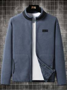 Manfinity Homme Men Letter Patched Detail Zip Up Fleece Jacket Without Tee - Dusty Blue - View 1