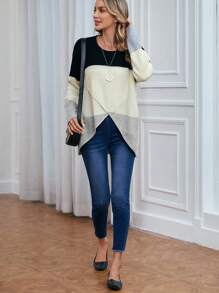 SHEIN LUNE Colorblock Wrap Hem Drop Shoulder Sweater - Multicolor - View 3