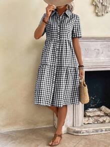 EMERY ROSE Gingham Print Button Front Ruffle Hem Smock Dress - Black and White - View 3