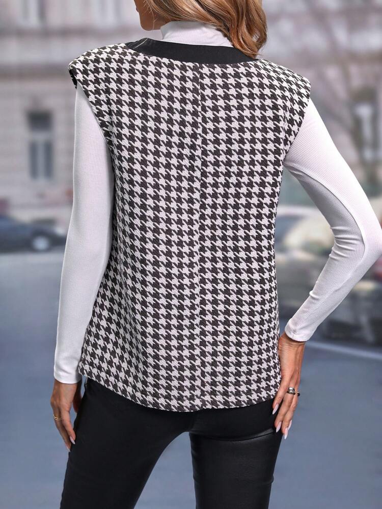 Houndstooth Print Button Front Vest Jacket