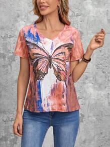 EMERY ROSE Women's Summer Flag Printed V-Neck T-Shirt Usa Top 4th Of July Women - Pink - View 1