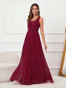 Asymmetrical Neck Chiffon Maxi Cocktail Dress - Burgundy - View 4