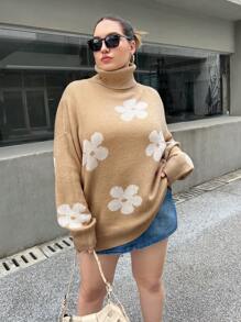 SHEIN Essnce Plus Floral Pattern Turtleneck Drop Shoulder Sweater - Camel - View 7
