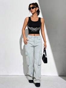 SHEIN EZwear Pha lê Tim & Mô hình cánh Crop Tank Top - màu đen - Xem 5