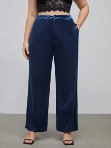 BizChic Plus Fold Pleated Wide Leg Pants - Navy Blue - View 1