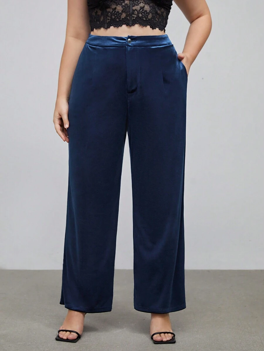 BizChic Plus Fold Pleated Wide Leg Pants - Navy Blue - View 1