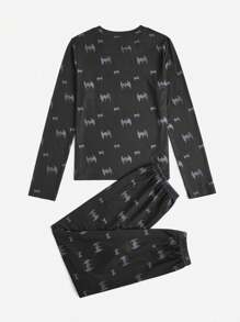 Batman X ROMWE Cartoon Graphic Tee & Pants PJ Set - Black - View 2