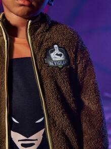 BATMAN X SHEIN Young Boy Zip Up Letter Patched Contrast Trim Fluffy Coat - Coffee Brown - View 3