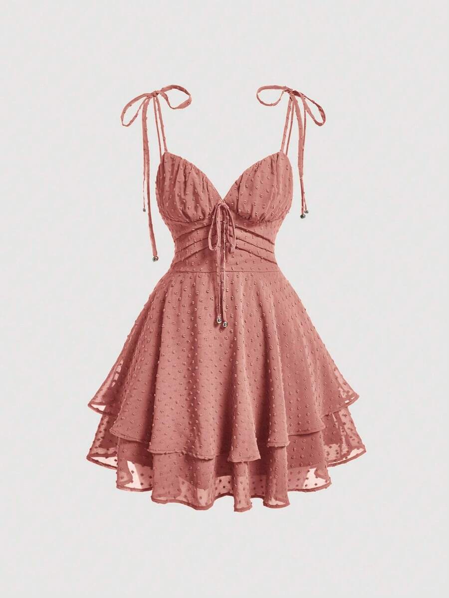 SHEIN MOD 圓點肩上打結雙層下擺吊帶洋裝