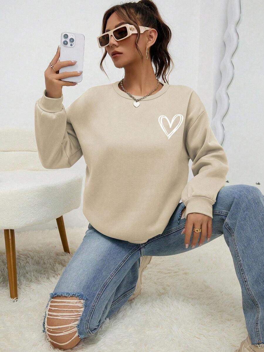 INAWLY Heart Print Drop Shoulder Sweatshirt,Long Sleeve Tops Graduation,Back To School Outfits,Graduation,Teacher Outfits For Women,Back To School Pullover Fall Outfit