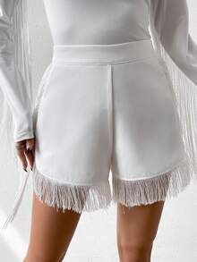 Allurite Fringe Trim High Waist Shorts - White - View 3