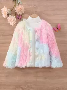 SHEIN Tween Girl 1pc Tie Dye Button Front Fuzzy Jacket - Multicolor - View 1
