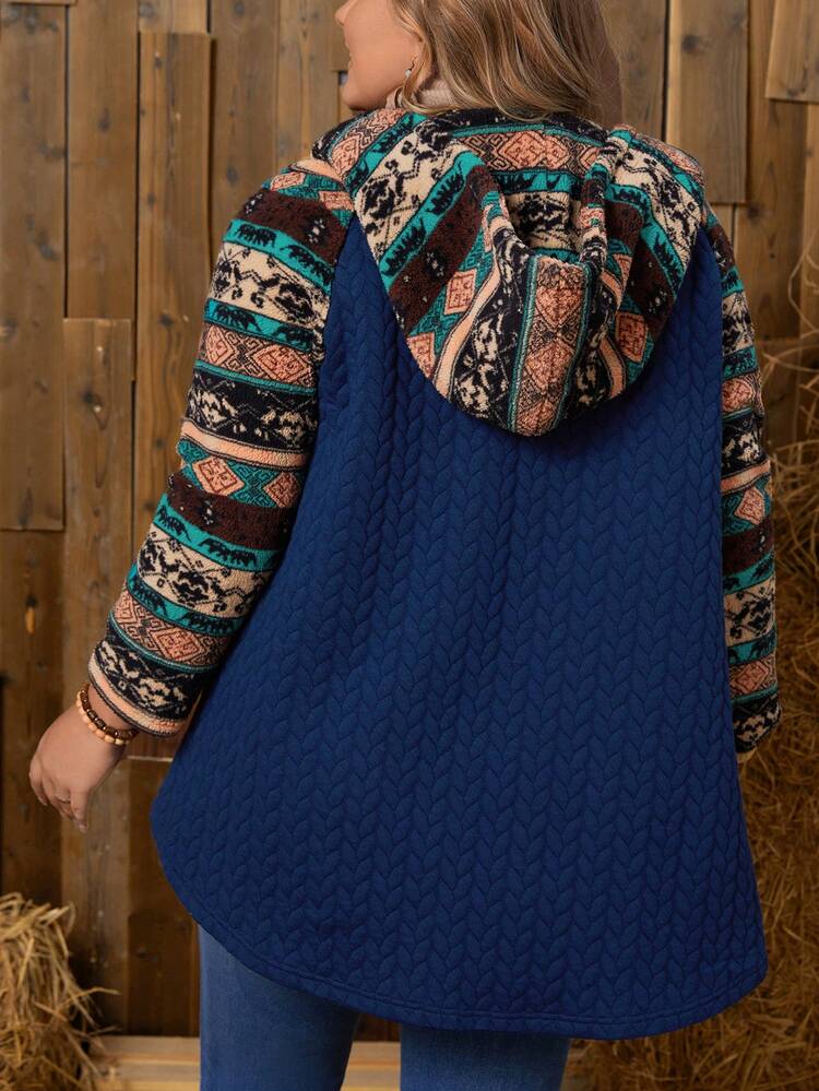 Plus Geo Print Raglan Sleeve Button Front Coat