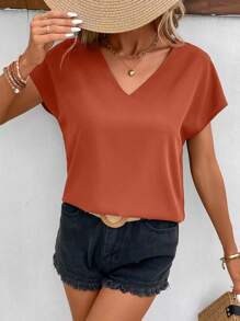 SHEIN Frenchy Women Metal V Neck Metallic Blouse,Short Sleeve Tops