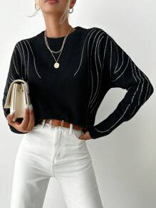 EURMUSE Jersey con patrón de rayas de hombros caídos - Negro - Ver 5