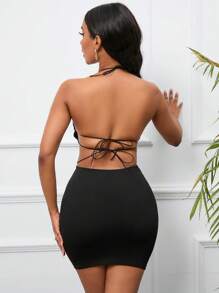 VaVaBold Rhinestone Heart Pattern Tie Backless Halter Neck Backless Dress