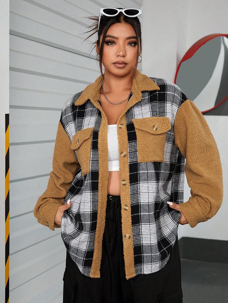 Plus Plaid Print Drop Shoulder Flap Pocket Coat