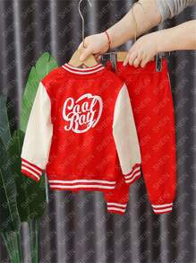 Baby Boy Letter Graphic Striped Trim Varsity Jacket & Sweatpants & Tee - Red - View 2