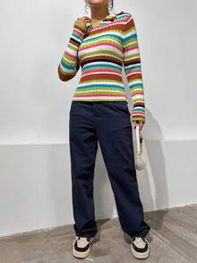 SHEIN Unity 條紋圖案條紋針織套頭毛衣 - 彩色 - 查看 4