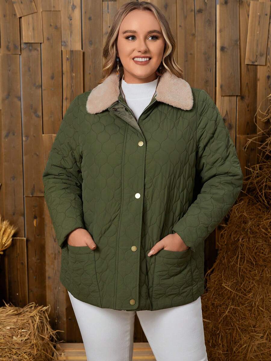EMERY ROSE Plus Borg Collar Dual Pocket Quilted Coat - Army Green - View 1