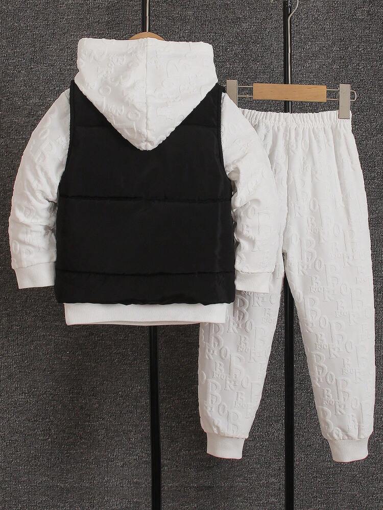 Young Boy Letter Patched Thermal Lined Zip Up Hooded Jacket & Sweatpants & Sweatshirt