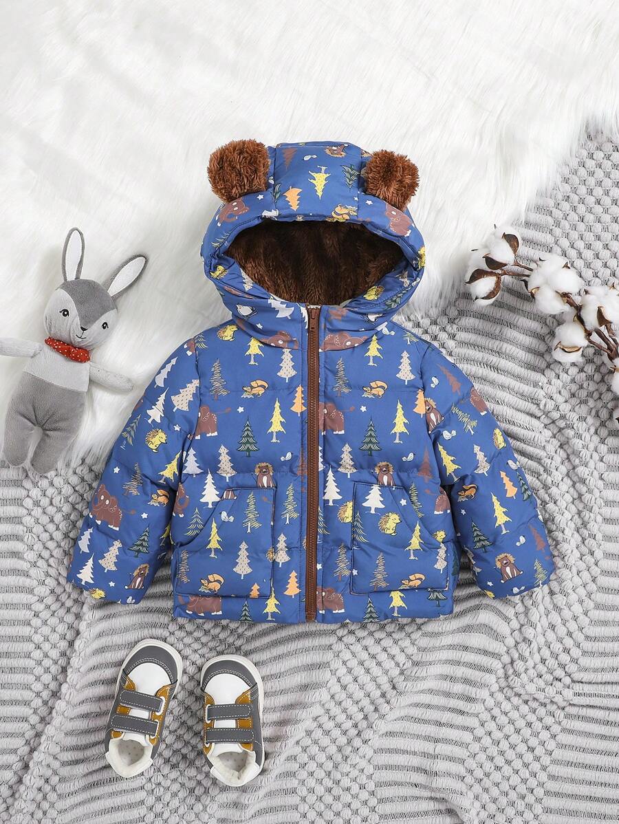 SHEIN Abrigo acolchado con capucha con cierre de cremallera y diseño gráfico de dibujos animados 3D de orejas para niño pequeño, sin suéter - Multicolor - Ver 1