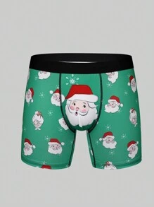 Men Christmas Santa Claus Print Contrast Tape Boxer Brief - Green - View 1