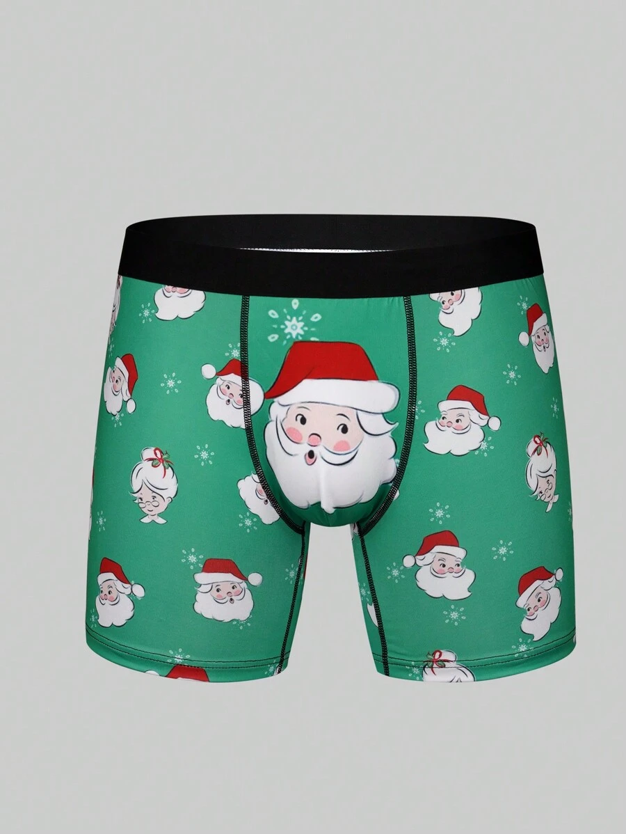 Men Christmas Santa Claus Print Contrast Tape Boxer Brief - Green - View 1