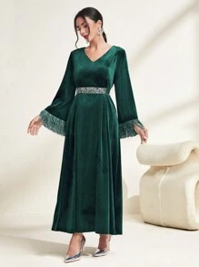 Modelyn Viền rìa Tay áo loe Nhung Đầm - Màu xanh lá cây đậm - Xem 6