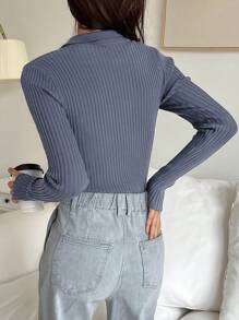 DAZY 女士纯色翻领长袖休闲商务套头衫，秋季，长袖上衣，秋季女装 - 藍色 - 查看 4