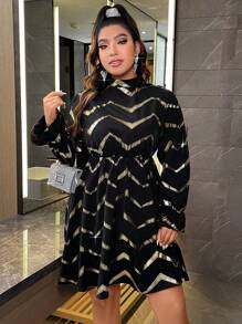 SHEIN Unity Talla grande Vestido con estampado de cheurón de manga con volante - Negro - Ver 4