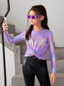 少女3入組甜美休閒彩色圓領長袖T恤 - 紫色 - 查看 1