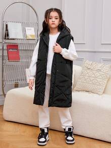 SHEIN Tween Girl 1 件前拉链连帽背心加厚外套 - 黑色 - 查看 5