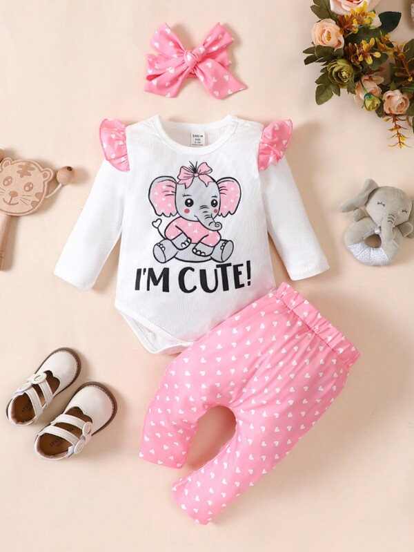SHEIN Body pentru fetiță, elefant și litere, cu volane și pantaloni cu imprimeu inimă